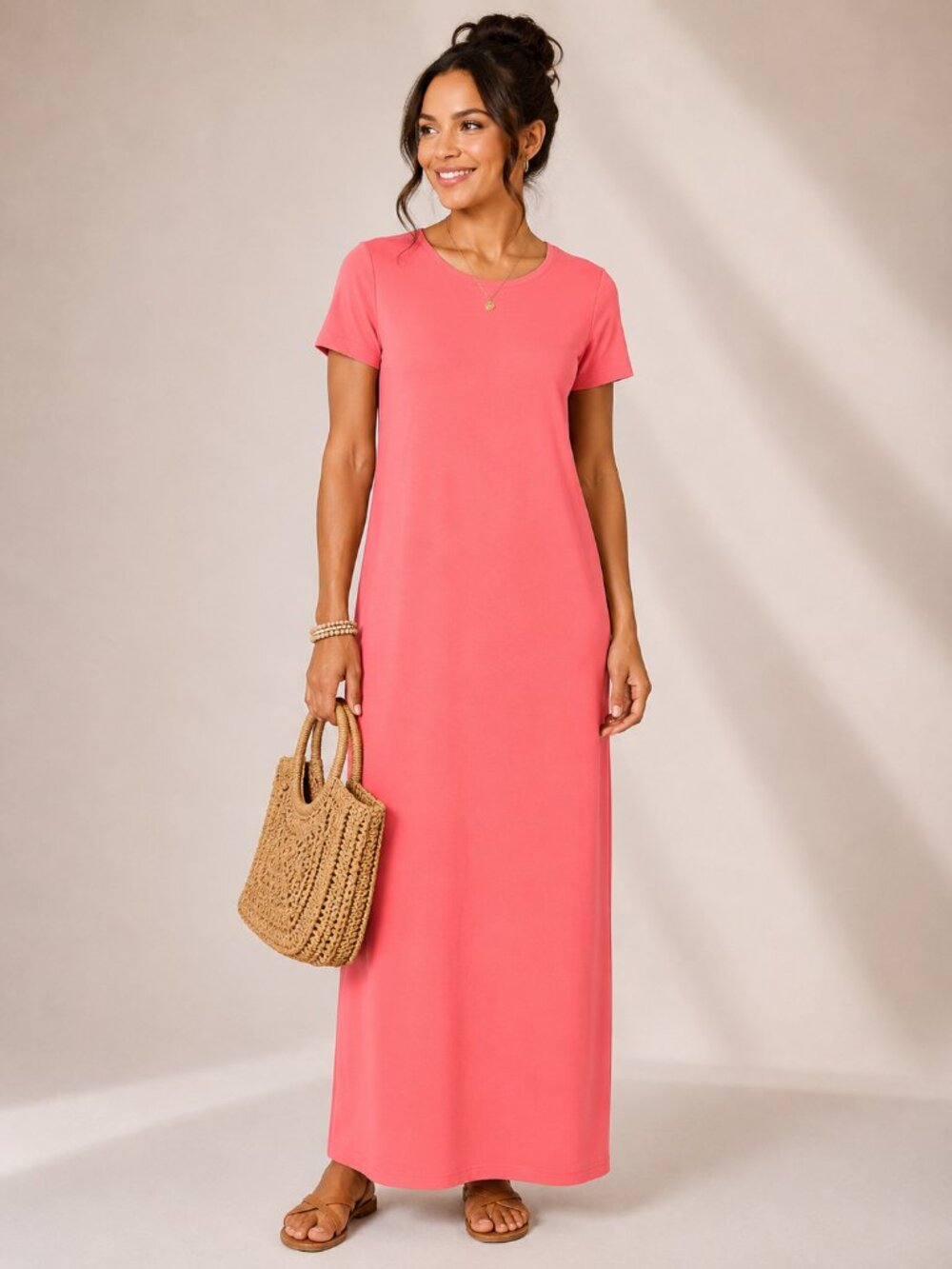 Zenana Coral Short Sleeve Maxi Dress Large Crew Neck Casual NWOT